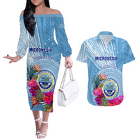 Micronesia Culture Day Couples Matching Off The Shoulder Long Sleeve Dress and Hawaiian Shirt Tribal Pattern Tropical Style LT01 Blue - Polynesian Pride