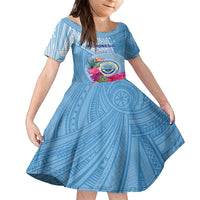 Micronesia Culture Day Kid Short Sleeve Dress Tribal Pattern Tropical Style LT01 KID Blue - Polynesian Pride