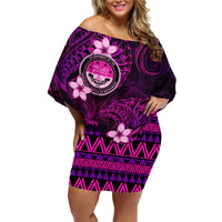 FSM Culture Day Family Matching Off Shoulder Short Dress and Hawaiian Shirt Tribal Pattern Pink Version LT01 Mom's Dress Pink - Polynesian Pride