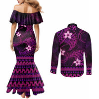 FSM Pohnpei State Couples Matching Mermaid Dress and Long Sleeve Button Shirt Tribal Pattern Pink Version LT01 - Polynesian Pride