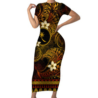 FSM Chuuk State Family Matching Short Sleeve Bodycon Dress and Hawaiian Shirt Tribal Pattern Gold Version LT01 Mom's Dress Gold - Polynesian Pride