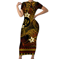 FSM Kosrae State Family Matching Short Sleeve Bodycon Dress and Hawaiian Shirt Tribal Pattern Gold Version LT01 Mom's Dress Gold - Polynesian Pride