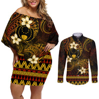 FSM Pohnpei State Couples Matching Off Shoulder Short Dress and Long Sleeve Button Shirt Tribal Pattern Gold Version LT01 Gold - Polynesian Pride