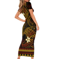 FSM Pohnpei State Short Sleeve Bodycon Dress Tribal Pattern Gold Version LT01 - Polynesian Pride