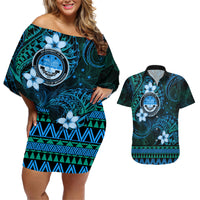 FSM Culture Day Couples Matching Off Shoulder Short Dress and Hawaiian Shirt Tribal Pattern Ocean Version LT01 Blue - Polynesian Pride