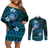 FSM Culture Day Couples Matching Off Shoulder Short Dress and Long Sleeve Button Shirt Tribal Pattern Ocean Version LT01 Blue - Polynesian Pride