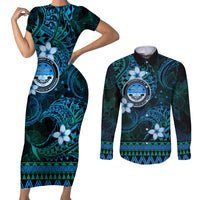 FSM Culture Day Couples Matching Short Sleeve Bodycon Dress and Long Sleeve Button Shirt Tribal Pattern Ocean Version LT01 Blue - Polynesian Pride