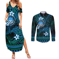 FSM Culture Day Couples Matching Summer Maxi Dress and Long Sleeve Button Shirt Tribal Pattern Ocean Version LT01 Blue - Polynesian Pride