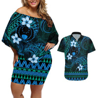 FSM Pohnpei State Couples Matching Off Shoulder Short Dress and Hawaiian Shirt Tribal Pattern Ocean Version LT01 Blue - Polynesian Pride