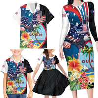 Personalized Guam Fourth of July Family Matching Long Sleeve Bodycon Dress and Hawaiian Shirt Tropical Flowers
