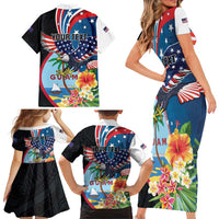 Personalized Guam Fourth of July Family Matching Short Sleeve Bodycon Dress and Hawaiian Shirt Tropical Flowers