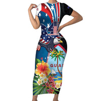 Personalized Guam Fourth of July Family Matching Short Sleeve Bodycon Dress and Hawaiian Shirt Tropical Flowers