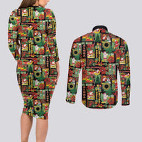 Hawaiian Santa Christmas Pattern Couples Matching Long Sleeve Bodycon Dress and Long Sleeve Button Shirt Black Version - Polynesian Pride