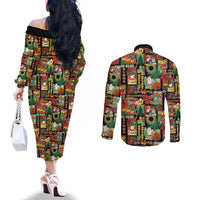 Hawaiian Santa Christmas Pattern Couples Matching Off The Shoulder Long Sleeve Dress and Long Sleeve Button Shirt Black Version - Polynesian Pride