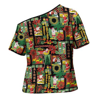Hawaiian Santa Christmas Pattern Cross Shoulder Shirt Black Version - Polynesian Pride