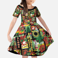 Hawaiian Santa Christmas Pattern Family Matching Short Sleeve Bodycon Dress and Hawaiian Shirt Black Version - Polynesian Pride