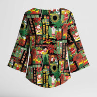 Hawaiian Santa Christmas Pattern Kimono Sleeve Blouse Black Version - Polynesian Pride