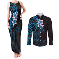 New Zealand Tuatara Plumeria Couples Matching Tank Maxi Dress and Long Sleeve Button Shirt Maori Blue Koru Tribal Tattoo LT01 Blue - Polynesian Pride