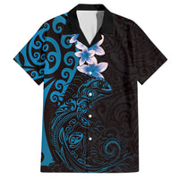 New Zealand Tuatara Plumeria Family Matching Short Sleeve Bodycon Dress and Hawaiian Shirt Maori Blue Koru Tribal Tattoo LT01 Dad's Shirt - Short Sleeve Blue - Polynesian Pride