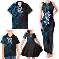 New Zealand Tuatara Plumeria Family Matching Tank Maxi Dress and Hawaiian Shirt Maori Blue Koru Tribal Tattoo