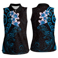 New Zealand Tuatara Plumeria Women Sleeveless Polo Shirt Maori Blue Koru Tribal Tattoo