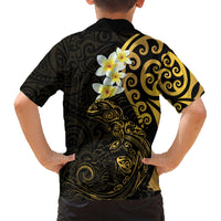 New Zealand Tuatara Plumeria Family Matching Off Shoulder Maxi Dress and Hawaiian Shirt Maori Gold Koru Tribal Tattoo