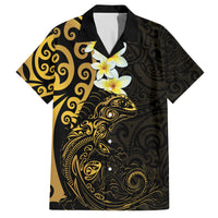 New Zealand Tuatara Plumeria Family Matching Puletasi and Hawaiian Shirt Maori Gold Koru Tribal Tattoo LT01 Dad's Shirt - Short Sleeve Gold - Polynesian Pride