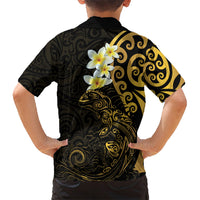 New Zealand Tuatara Plumeria Family Matching Short Sleeve Bodycon Dress and Hawaiian Shirt Maori Gold Koru Tribal Tattoo LT01 - Polynesian Pride
