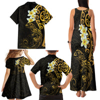 New Zealand Tuatara Plumeria Family Matching Tank Maxi Dress and Hawaiian Shirt Maori Gold Koru Tribal Tattoo