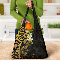 New Zealand Tuatara Plumeria Grocery Bag Maori Gold Koru Tribal Tattoo