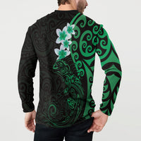 New Zealand Tuatara Plumeria Button Sweatshirt Maori Green Koru Tribal Tattoo
