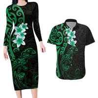 New Zealand Tuatara Plumeria Couples Matching Long Sleeve Bodycon Dress and Hawaiian Shirt Maori Green Koru Tribal Tattoo LT01 Green - Polynesian Pride