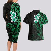 New Zealand Tuatara Plumeria Couples Matching Long Sleeve Bodycon Dress and Hawaiian Shirt Maori Green Koru Tribal Tattoo LT01 - Polynesian Pride