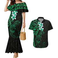 New Zealand Tuatara Plumeria Couples Matching Mermaid Dress and Hawaiian Shirt Maori Green Koru Tribal Tattoo LT01 Green - Polynesian Pride