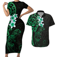 New Zealand Tuatara Plumeria Couples Matching Short Sleeve Bodycon Dress and Hawaiian Shirt Maori Green Koru Tribal Tattoo LT01 Green - Polynesian Pride
