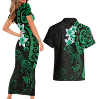 New Zealand Tuatara Plumeria Couples Matching Short Sleeve Bodycon Dress and Hawaiian Shirt Maori Green Koru Tribal Tattoo LT01 - Polynesian Pride
