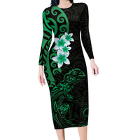 New Zealand Tuatara Plumeria Family Matching Long Sleeve Bodycon Dress and Hawaiian Shirt Maori Green Koru Tribal Tattoo LT01 Mom's Dress Green - Polynesian Pride
