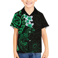 New Zealand Tuatara Plumeria Family Matching Long Sleeve Bodycon Dress and Hawaiian Shirt Maori Green Koru Tribal Tattoo LT01 Son's Shirt Green - Polynesian Pride