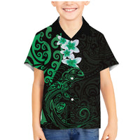 New Zealand Tuatara Plumeria Family Matching Mermaid Dress and Hawaiian Shirt Maori Green Koru Tribal Tattoo LT01 Son's Shirt Green - Polynesian Pride