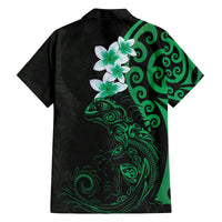 New Zealand Tuatara Plumeria Family Matching Off The Shoulder Long Sleeve Dress and Hawaiian Shirt Maori Green Koru Tribal Tattoo