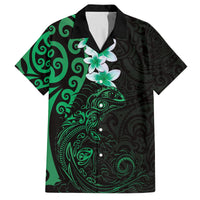 New Zealand Tuatara Plumeria Family Matching Puletasi and Hawaiian Shirt Maori Green Koru Tribal Tattoo LT01 Dad's Shirt - Short Sleeve Green - Polynesian Pride