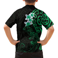 New Zealand Tuatara Plumeria Family Matching Tank Maxi Dress and Hawaiian Shirt Maori Green Koru Tribal Tattoo