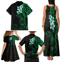 New Zealand Tuatara Plumeria Family Matching Tank Maxi Dress and Hawaiian Shirt Maori Green Koru Tribal Tattoo