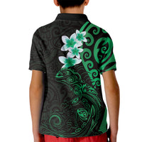 New Zealand Tuatara Plumeria Kid Polo Shirt Maori Green Koru Tribal Tattoo