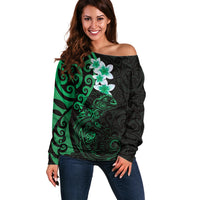 New Zealand Tuatara Plumeria Off Shoulder Sweater Maori Green Koru Tribal Tattoo