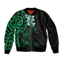 New Zealand Tuatara Plumeria Sleeve Zip Bomber Jacket Maori Green Koru Tribal Tattoo LT01 Unisex Green - Polynesian Pride