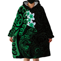 New Zealand Tuatara Plumeria Wearable Blanket Hoodie Maori Green Koru Tribal Tattoo