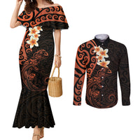 New Zealand Tuatara Plumeria Couples Matching Mermaid Dress and Long Sleeve Button Shirt Maori Orange Koru Tribal Tattoo