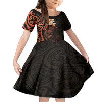 New Zealand Tuatara Plumeria Family Matching Long Sleeve Bodycon Dress and Hawaiian Shirt Maori Orange Koru Tribal Tattoo LT01 Daughter's Dress Orange - Polynesian Pride