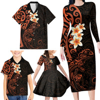 New Zealand Tuatara Plumeria Family Matching Long Sleeve Bodycon Dress and Hawaiian Shirt Maori Orange Koru Tribal Tattoo LT01 - Polynesian Pride